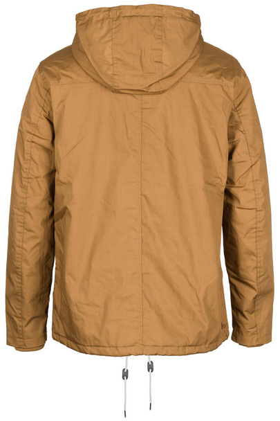 Achterkant van warme donkere beige jas met kap - Foto, afbeelding