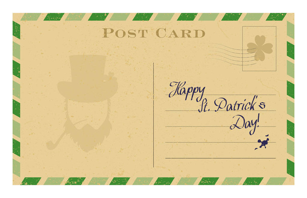 Vettoriale vecchia cartolina con sagoma leprecauno e cornice verde. Modello di biglietto di auguri di San Patrizio
. - Vettoriali, immagini