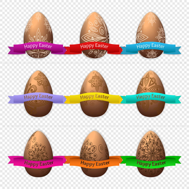 Набор из девяти пасхальных яиц из шоколада на прозрачном фоне с лентой
 - Вектор,изображение
