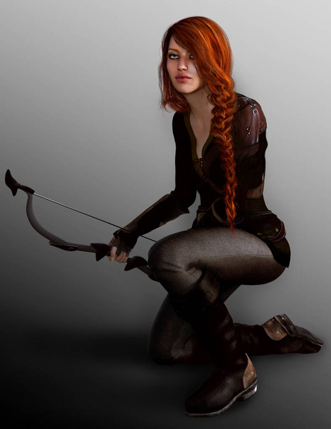 Belle Femme Fantaisie Archer avec Arc, Cheveux longs rouges
 - Photo, image
