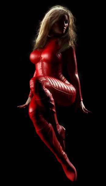 Жінка сексуальні супер герой в червоний шкіри з чорним волоссям - Фото, зображення