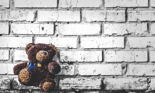 teddy bear on a background of gray brick wall - Photo, Image