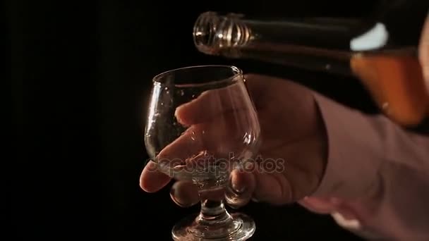 Connoisseur of expensive alcoholic drinks pouring cognac into glass and tasting - Filmati, video
