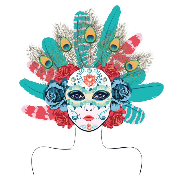 Mask with Roses and Feathers - Vector, Image