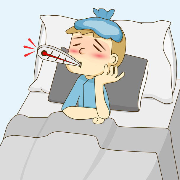 Chory chłopiec leżąc na łóżku - Wektor, obraz