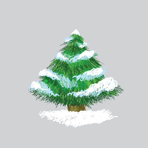 Illustration of hand drawn pine tree with snow, original sketch - Vector, Image