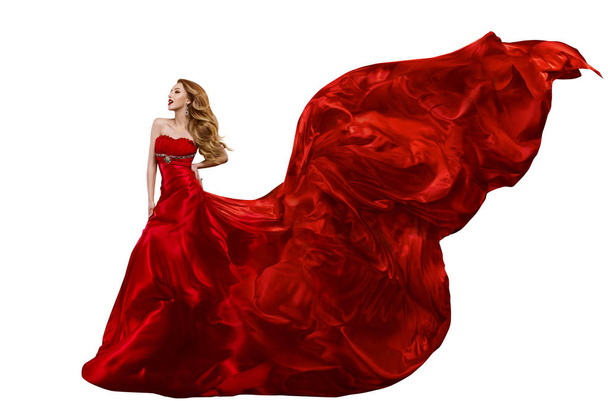Woman Fashion Red Dress, Gown Waving on Wind, Flying Silk Fabric - Фото, изображение