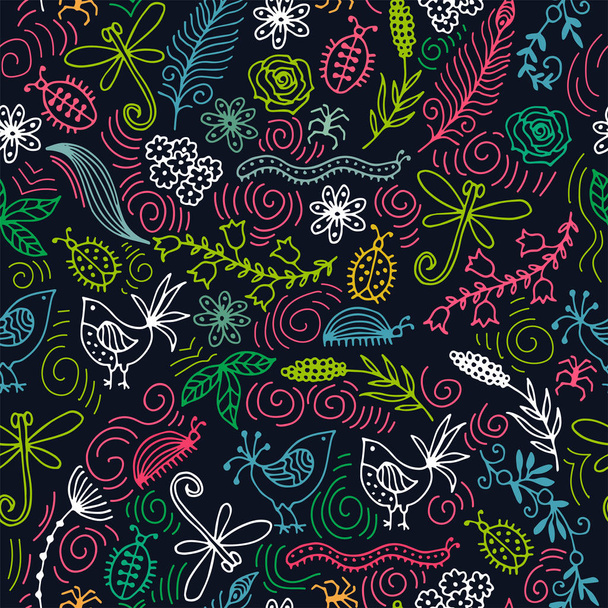 vector seamless pattern with birds, flowers, dragonflies and beetles. - Вектор,изображение