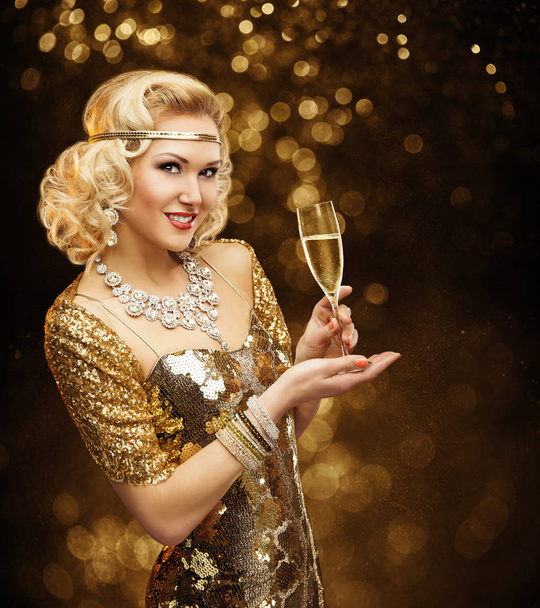 Woman in Gold Dress drinking Champagne, Beautiful Retro Fashion Lady  - 写真・画像