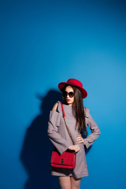 Lovely model in fashionable red Hat and a red Clutch on blue background - Zdjęcie, obraz