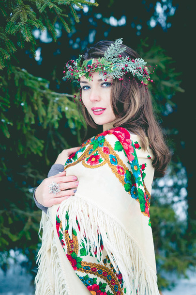 Lähikuva muotokuva kaunis nuori tyttö perinteinen venäläinen tai ukrainalainen huivi talvella
. - Valokuva, kuva