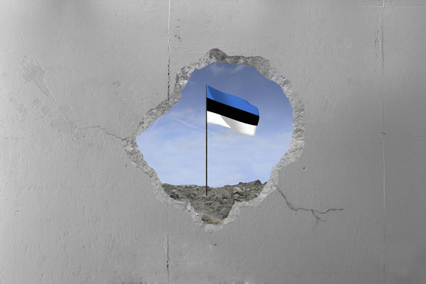 Εσθονική σημαία πίσω ένας τοίχος από μπετόν. - Φωτογραφία, εικόνα