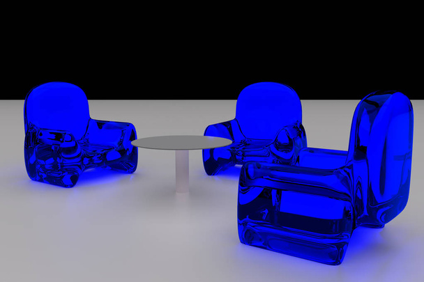 Representación en 3D de asientos futuristas y transparentes y una sola mesa, dispuestos sobre una superficie ligera
 - Foto, Imagen
