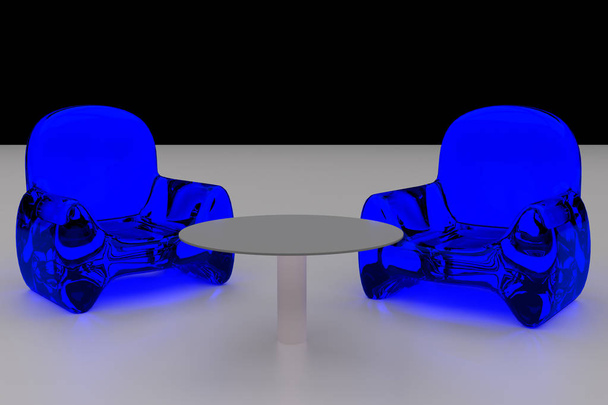 3D rendering of futuristic, transparent seating and a single table - arranged on a light surface - Photo, Image
