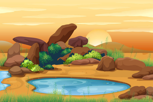 Scene with waterhole at sunset - Vector, Image