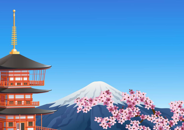 Chureito Pagoda i mount Fuji z sakura blossom - Wektor, obraz