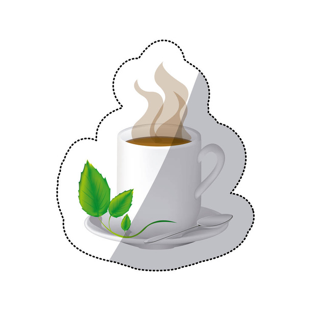cor café cuppa com vapor e folhas na placa
 - Vetor, Imagem