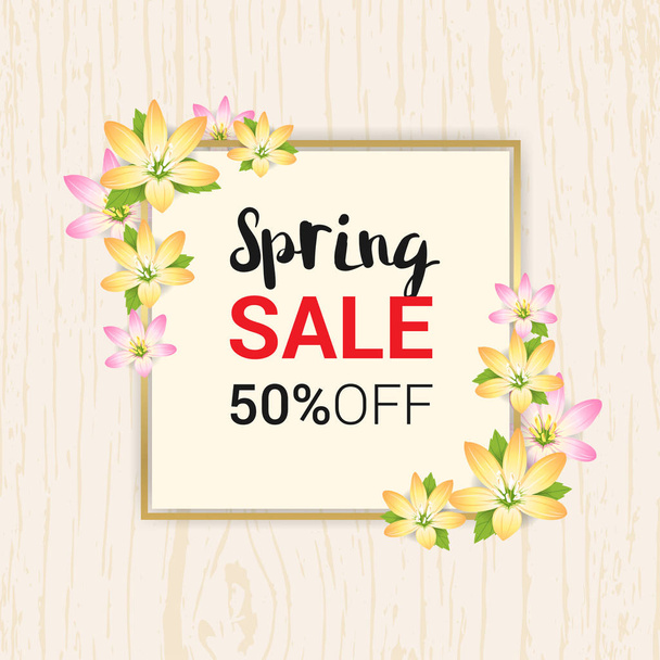 Spring sales banner background or poster with blossom flower frame - Вектор,изображение