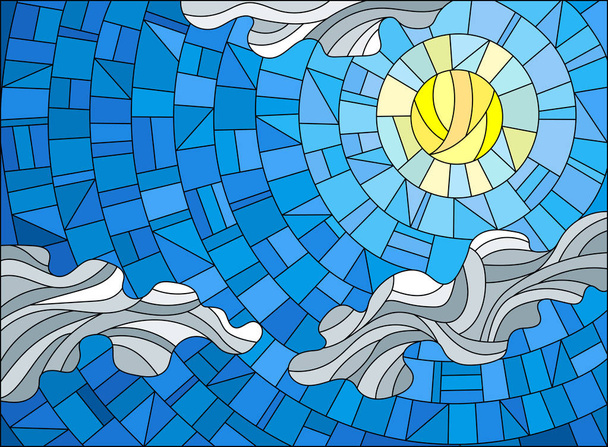 Illustration dans le soleil de style vitrail et nuages sur fond de ciel bleu
 - Vecteur, image
