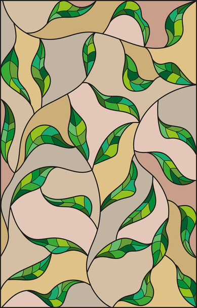 茶色の背景の緑の葉とステンド グラスのスタイルの図 - ベクター画像