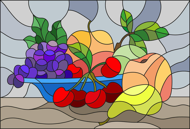 Ilustracja w stylu witrażu z Martwa natura, owoce i jagody w miska niebieski - Wektor, obraz