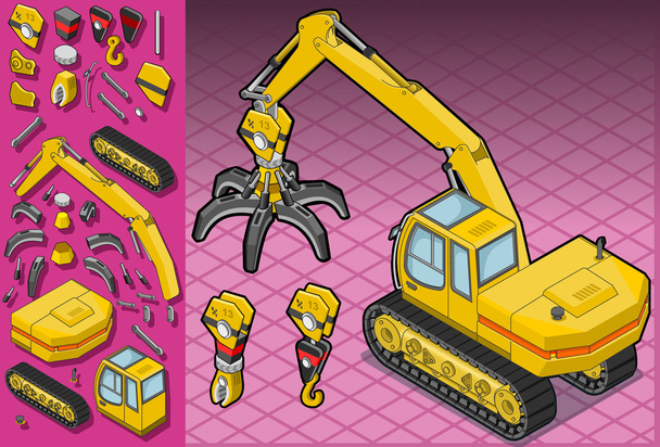 Isometric yellow excavator with different arms - Vektori, kuva