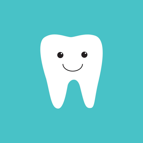 White flat smiling tooth icon on blue - Wektor, obraz