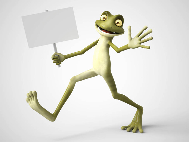 Representación 3D de la rana de dibujos animados sosteniendo el signo en blanco
. - Foto, Imagen