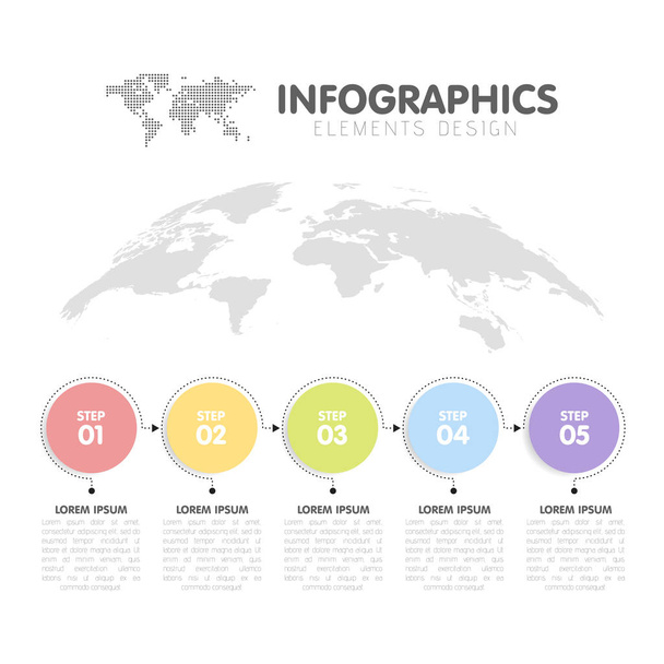 Zakelijke infographics template. Tijdlijn met 5 cirkel pijl stappen, vijf nummer opties. Wereldkaart op de achtergrond. Vectorelement - Vector, afbeelding