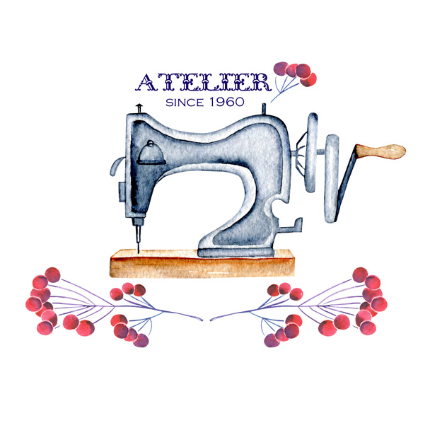 Logo-Attrappe mit Aquarell-Retro-Nähmaschine und floralen Elementen - Foto, Bild