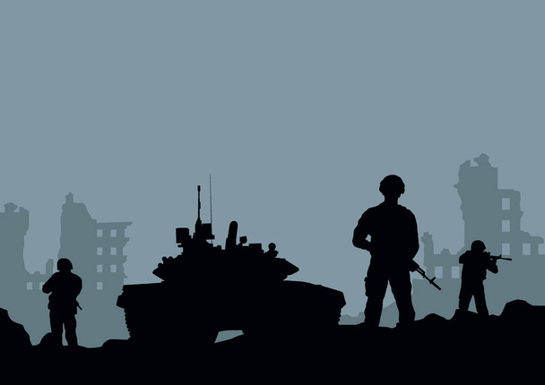 Illustration des Panzers, der Soldaten und der Zerstörung der - Vektor, Bild
