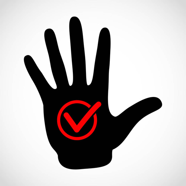 Black hand and check list button icon concept. Check mark in round sign emblem.  - Vector, imagen