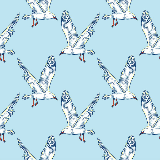 Gull flight bird and seabird . Sea. Seamless pattern - Vetor, Imagem