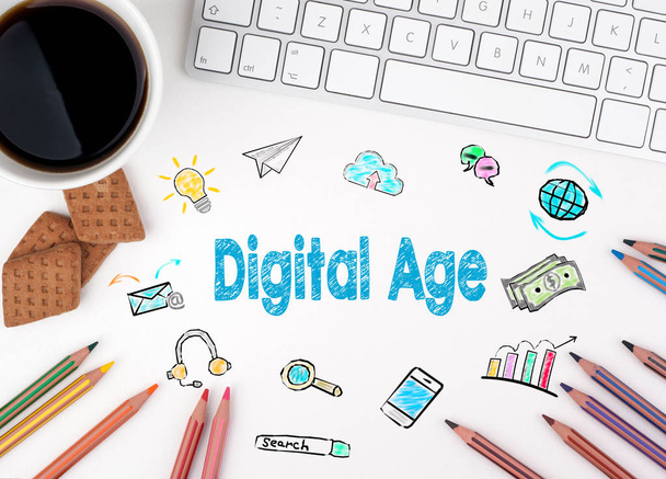 Digitální věk, obchodní koncepce. Bílý kancelářský stůl - Fotografie, Obrázek