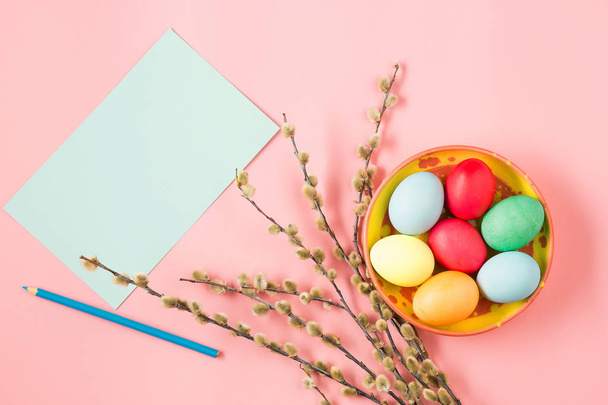 The top view of easter on pink table office workplace - Foto, Imagem