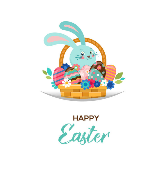 Ευτυχισμένο Πάσχα ευχετήρια κάρτα, λαγουδάκι στο καλάθι, με λουλούδια και αυγά, αφίσα, Μπάνι, εικονογράφηση - Διάνυσμα, εικόνα