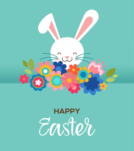 Mutlu Paskalya tebrik kartı, poster, sevimli, tatlı bunny ve çiçekler - Vektör, Görsel