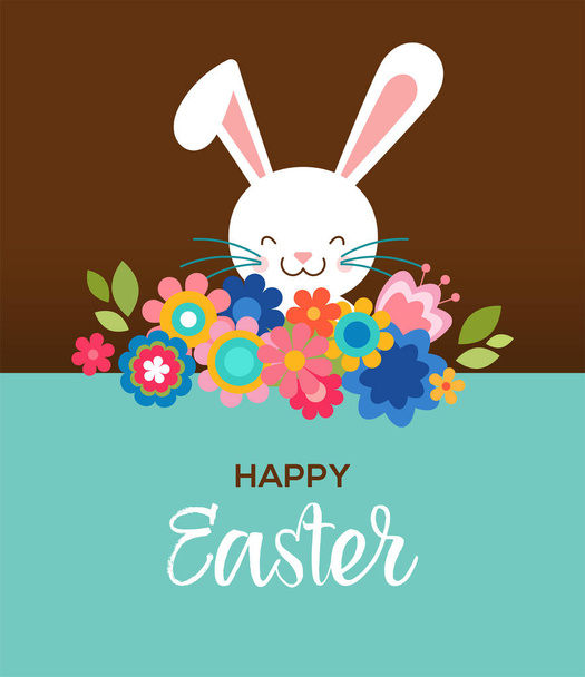 Ευτυχισμένο Πάσχα ευχετήρια κάρτα, αφίσα, χαριτωμένο, γλυκό λαγουδάκι με λουλούδια - Διάνυσμα, εικόνα
