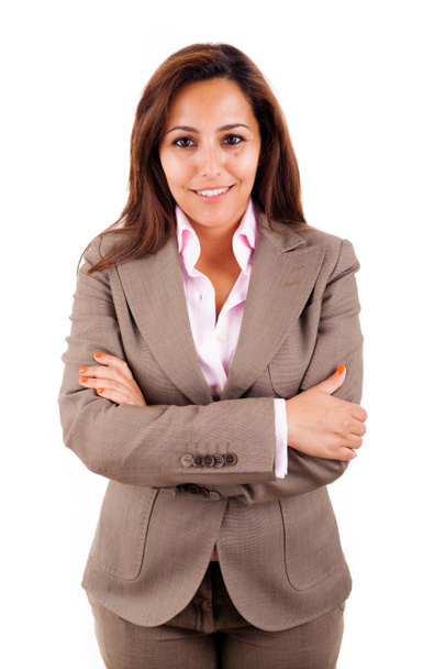 Mosolygó üzleti nő portréja. Elszigetelt fehér háttér felett - Fotó, kép