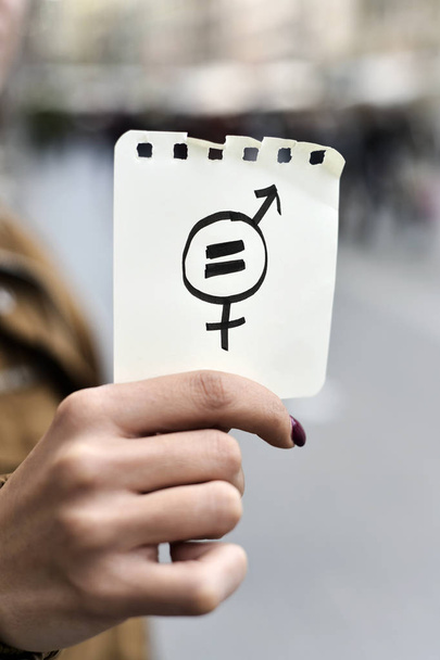 woman with a symbol for gender equality - Zdjęcie, obraz
