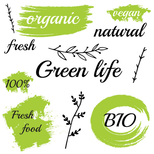 Organické potraviny popisky a prvky, pro jídlo a pití, restaurace a bioprodukty vektorové ilustrace.  - Vektor, obrázek