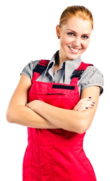 Jeune femme heureuse en salopette rouge
 - Photo, image