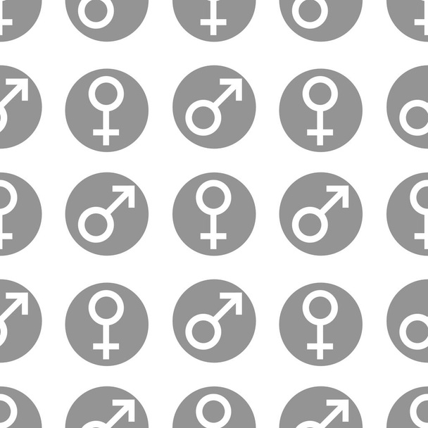 Naadloze patroon. Sex symbolen. Geslacht man en vrouw platte symbolen. Witte vrouwelijke en mannelijke abstracte symbolen in grijze cirkel. Vectorillustratie - Vector, afbeelding