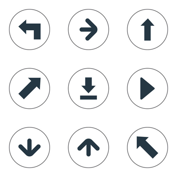Set Of 9 Simple Pointer Icons. Can Be Found Such Elements As Upward Direction, Let Down, Indicator And Other. - Vector, Image