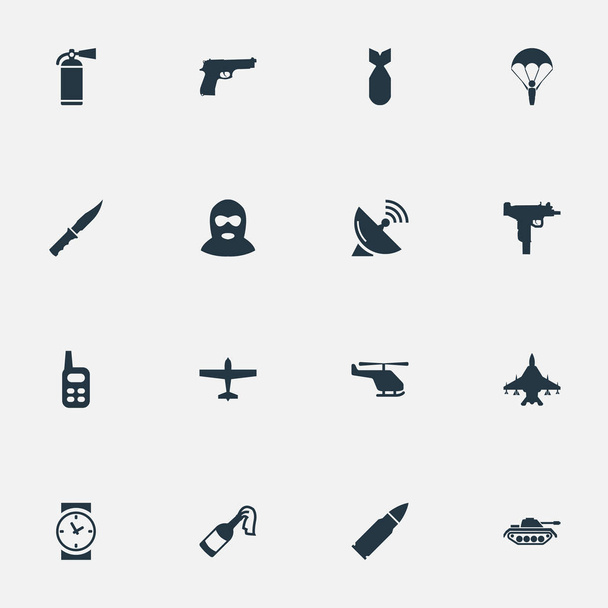 Zestaw 16 prostych ikon wojskowych. Można znaleźć takie elementy jak terrorysta, zegarek, odbiornik sygnału i inne. - Wektor, obraz
