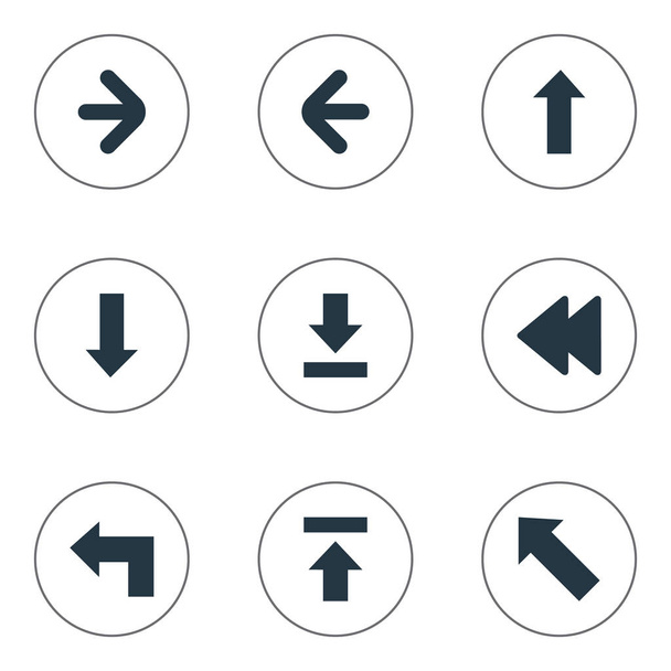 Conjunto de 9 iconos de indicadores simples. Se pueden encontrar elementos tales como dirección correcta, dirección izquierda, transferencia y otros
. - Vector, Imagen