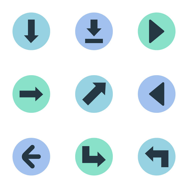 Satz von 9 einfachen Zeigersymbolen. finden sich Elemente wie nach unten zeigend, rechts Wahrzeichen, links Richtung. - Vektor, Bild