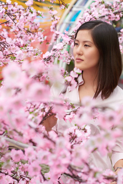 woman standing at blossoming cherry - Valokuva, kuva