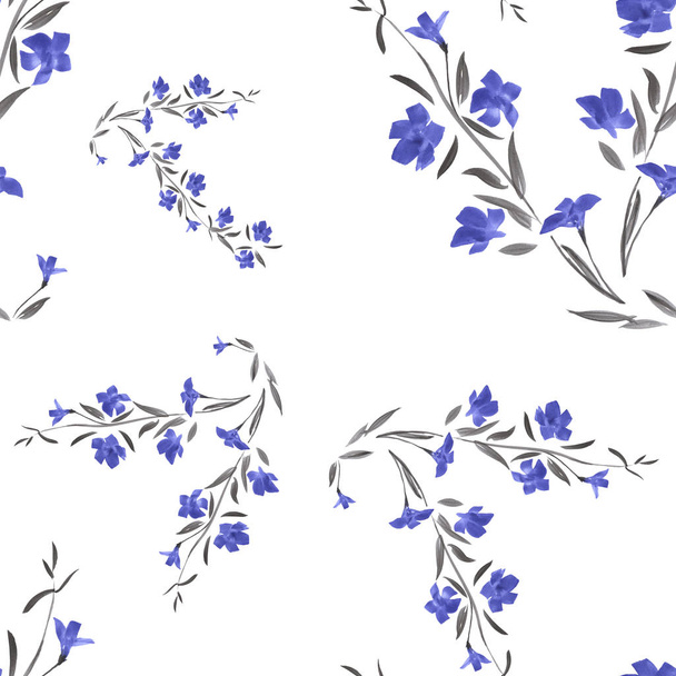 Seamless pattern of wild blue flowers on a white background. Watercolor - Photo, Image