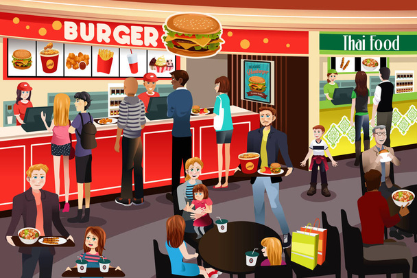People Ordering Food in Food Court - Vector, Image